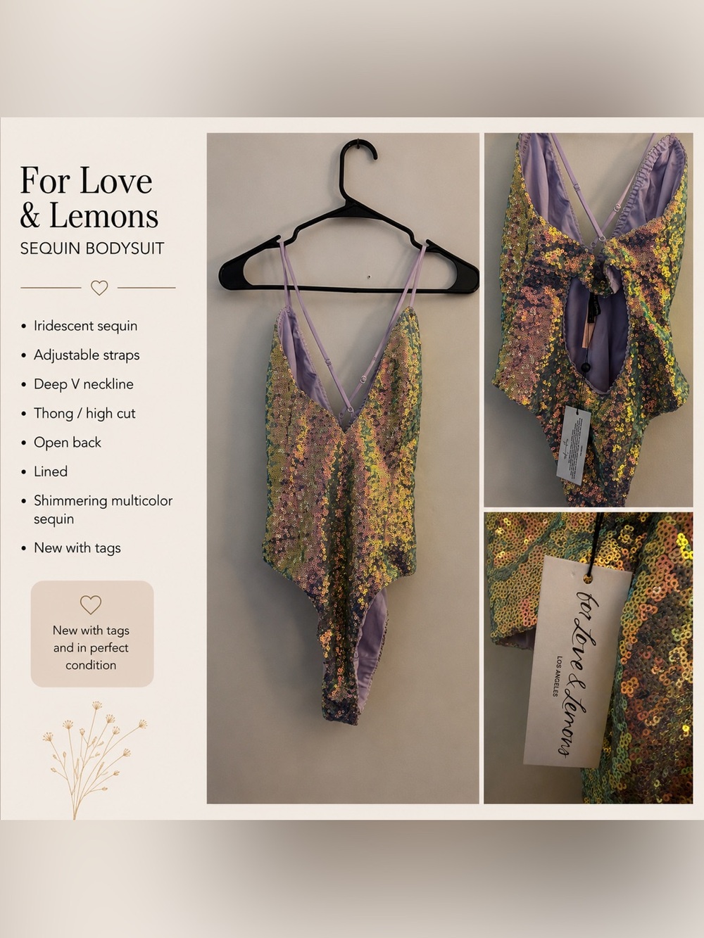 For Love And Lemons Lavender Multicolor Sequin Bodysuit